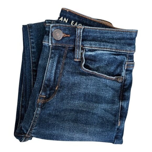 AE American Eagle Next Level High Rise Skinny Kick Jeans 000 Short Dark Wash EUC - Picture 1 of 9